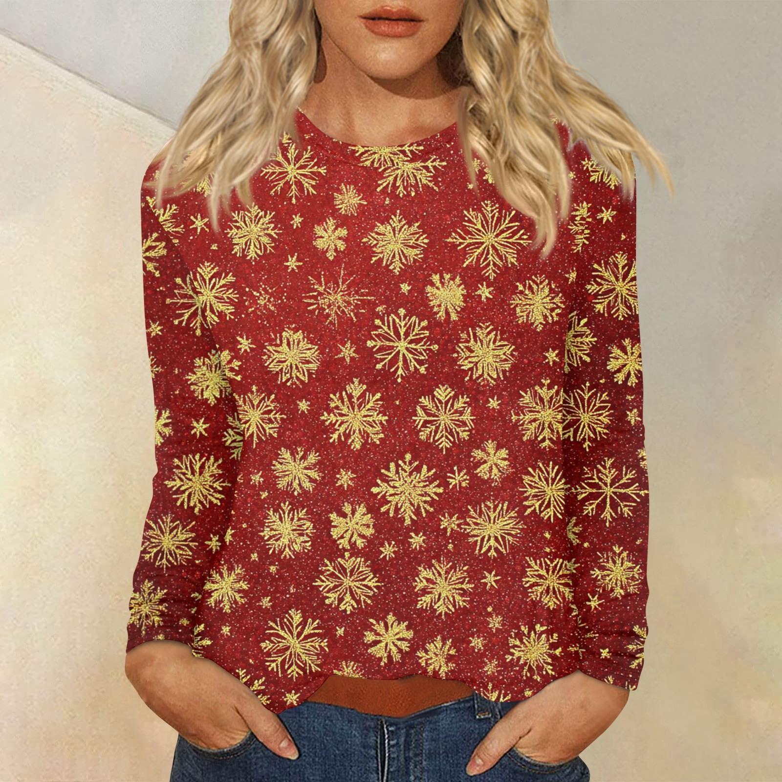 

Женский повседневный повседневный топ с длинными рукавами и рождественским принтом с круглым вырезом S киноварь