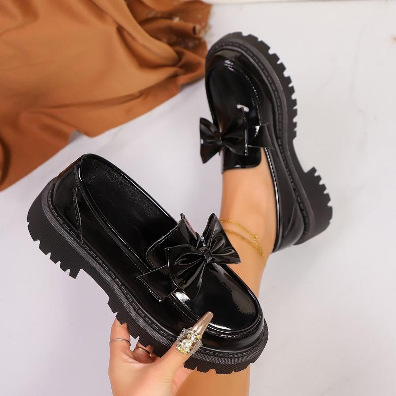 Preppy Style Bowknot Platform Loafers for Women Fashion Thick Bottom Pu Leather Shoes Woman Plus Size Round Toe Lolita Shoes