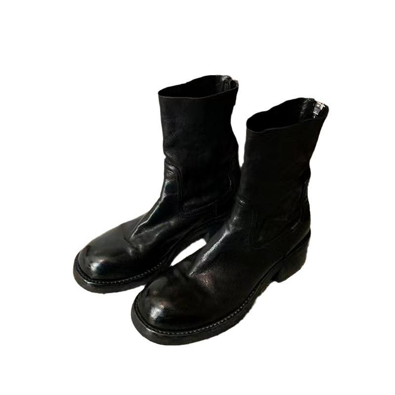 Grape mother autumn and winter new Martin boots retro thick heel rear zipper 6cm washed shrink horse leather short boots women