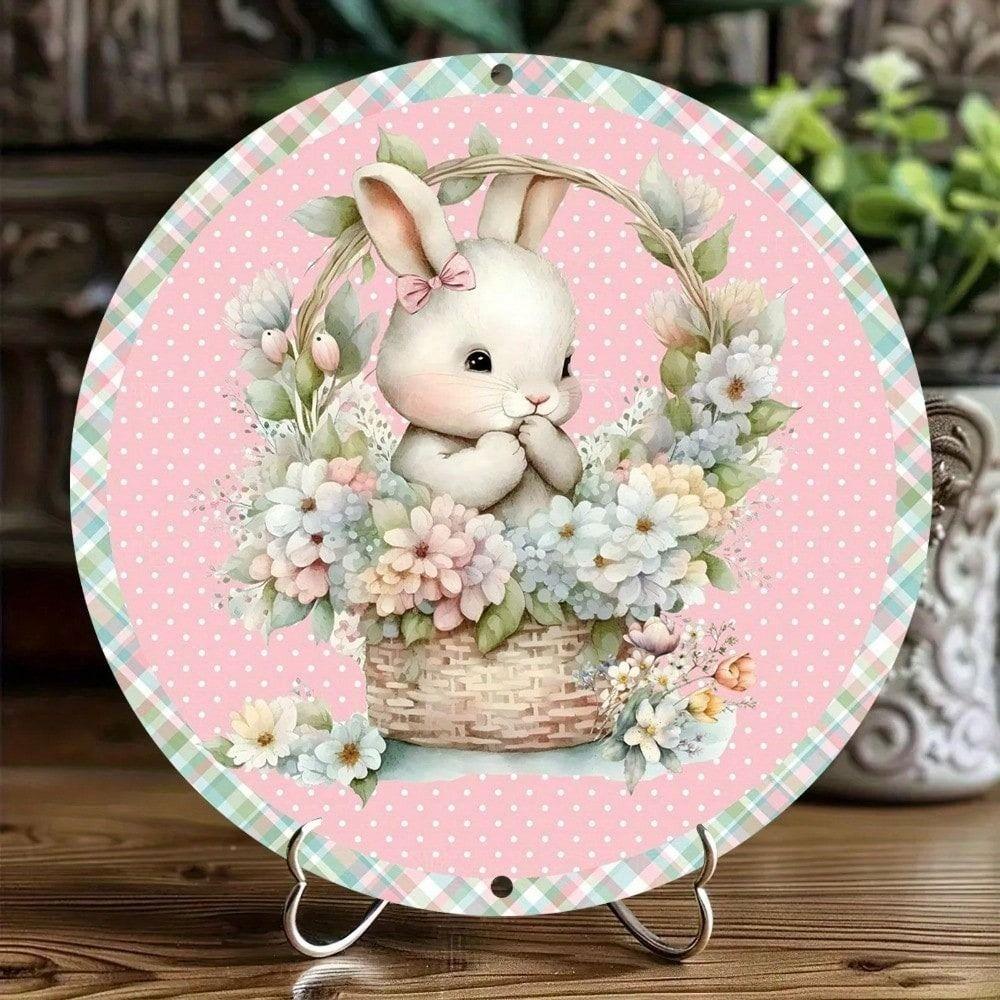 Vintage Metal Wall Art Bunny with Wreath Rustic Home Decor