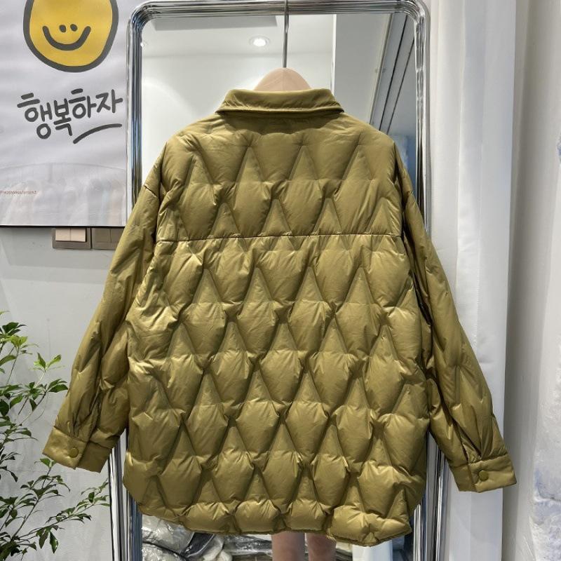 Winter new shirt collar pressed down jacket women's literary and leisure rhombus white duck down warm bread jacket
