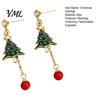 Holiday Jewelry Gifts 1 Pair Christmas Tree Earrings for Women, Colorful Rhinestone Shaped Gold Plated Alloy Dangle with Red Bead Charm, Winter