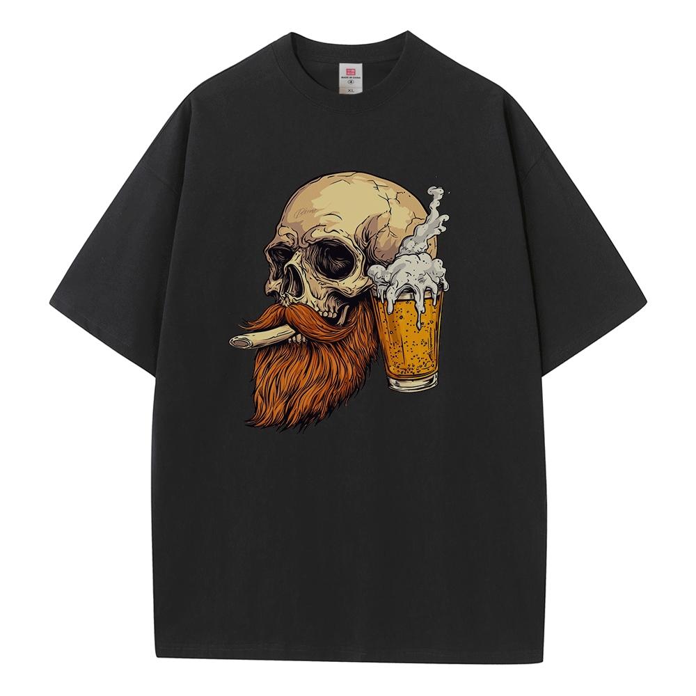 

Футболка из хлопка Мешковатая футболка большого размера из хлопка с заниженными плечами унисекс-топы с принтом пивного черепа и бороды, дышащие мужские топы с принтом, дизайнерская одежда XXL чёрный
