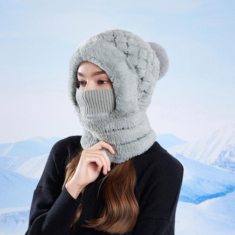 Winter Warm Pullover Hat Scarf Mask Integrated Hat Women's Outdoor Riding Fleece Ear Protection Knitted Wool Hat