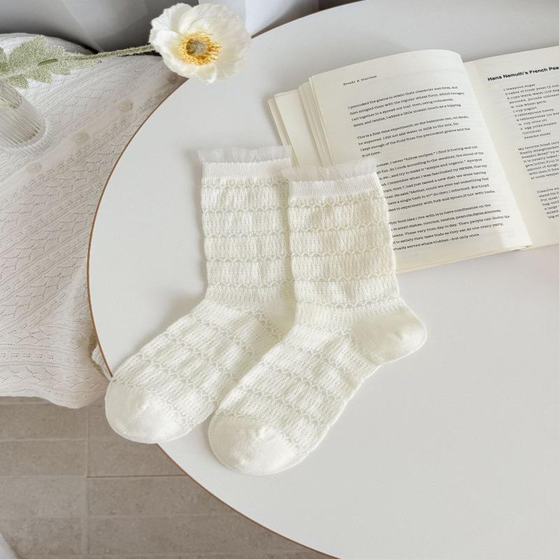 Women's Japanese-Style Lace Trim Mulberry Silk Socks - Sweet, Thin, Mid-Calf, Seamless, Hollow Design for Spring/Summer.