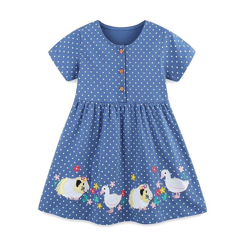 Summer 2026 Polka Dot Animal Embroidery Knit Cotton Girls Short Sleeve Dress 6Y