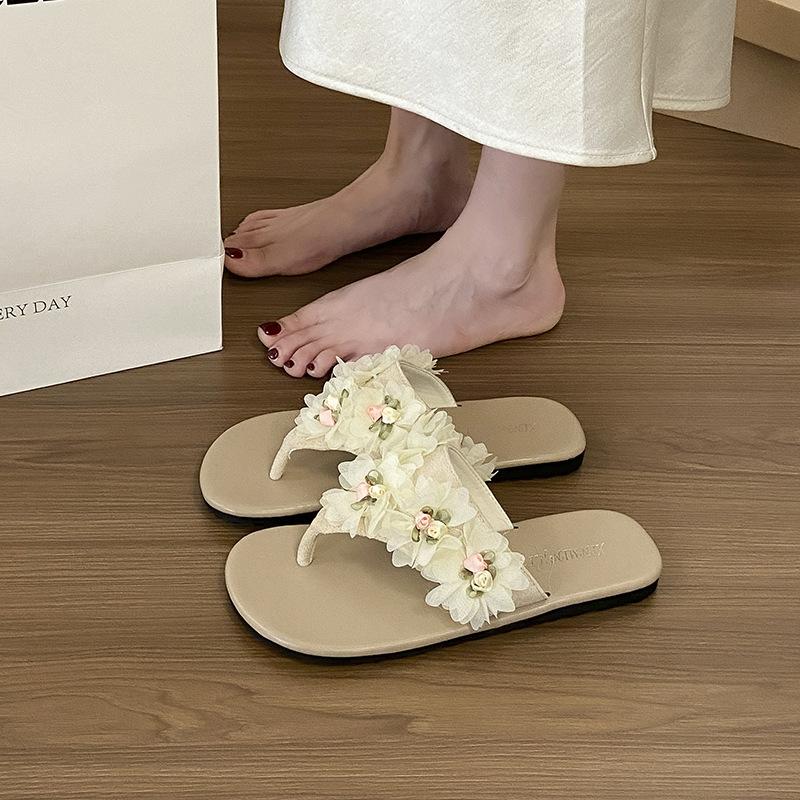 

2025 лето новые шлепанцы женские туфли плоские повседневные универсальные цветок тайский вложенный сказочный ветер пляжная обувь 40 хаки
