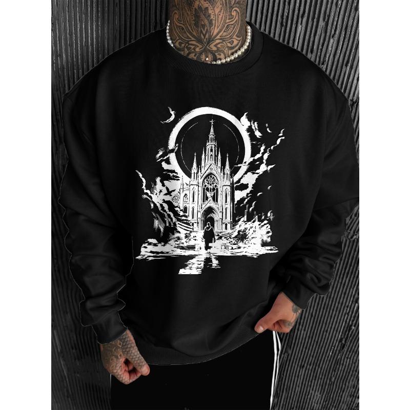 Men'S Gothic Cathedral Bird Ink Print Round Neck Sweatshirt, Dark Trash Style Religious Loose Y2K Streetwear Pullover Top