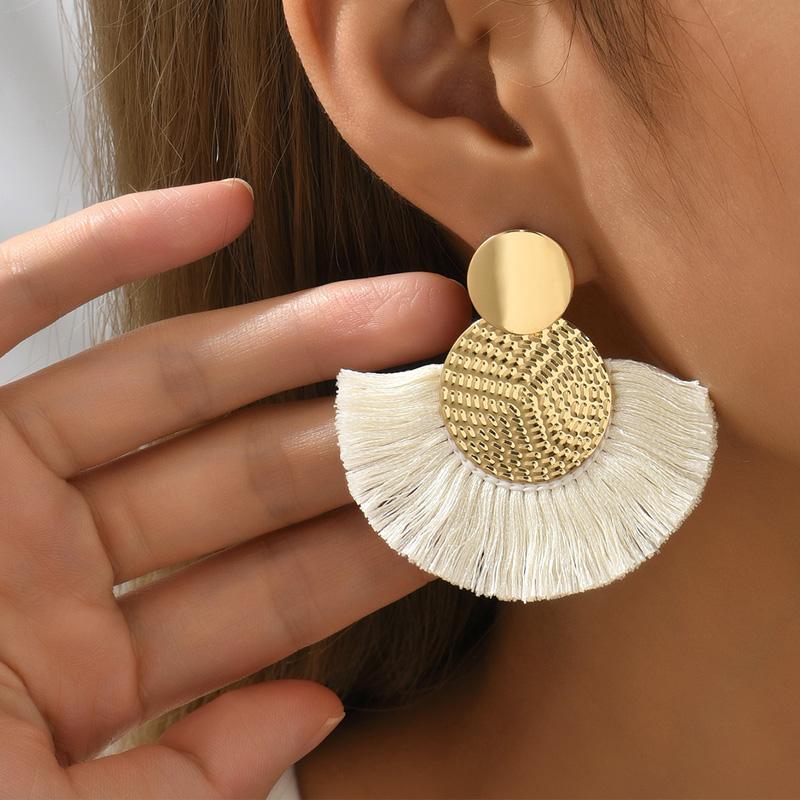 Orecchini pendenti con frange bianche e grandi nappe in stile bohémien, per donne, gioielli da sposa
