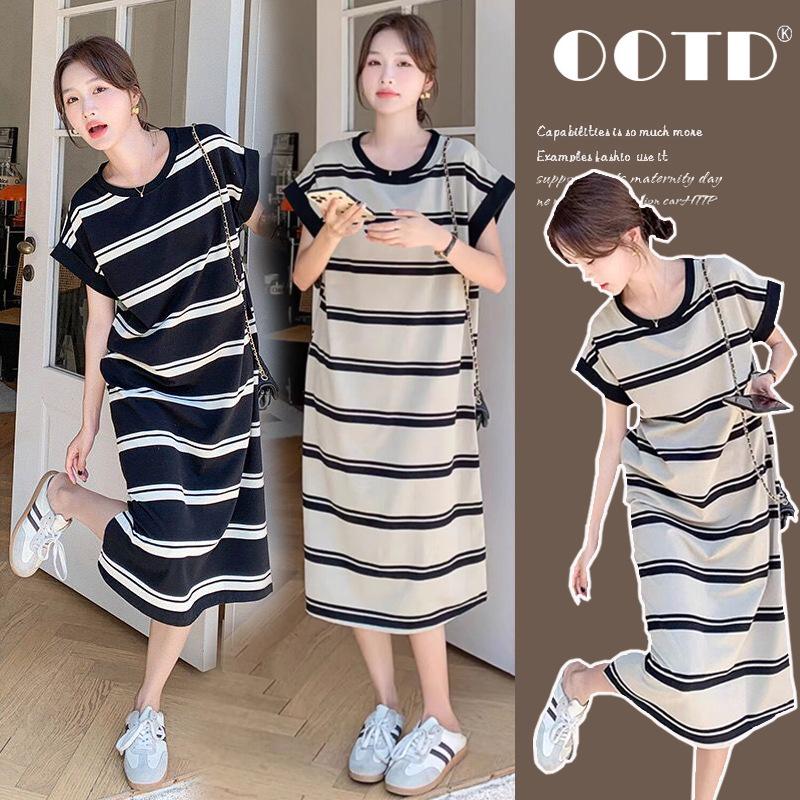 2026 Striped Knit Maternity T-shirt Dress - Casual Summer Style with Loose Fit and Split Skirt 2XL