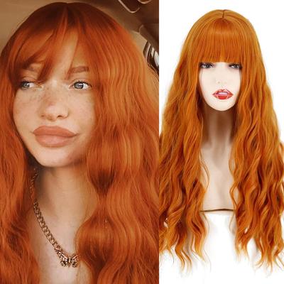 Dlouhá paruka s ofinou Vodní vlnitá oranžová paruka Paruka ze syntetického vlákna Dámská dlouhá paruka Cosplay/Denní/Paruka na párty