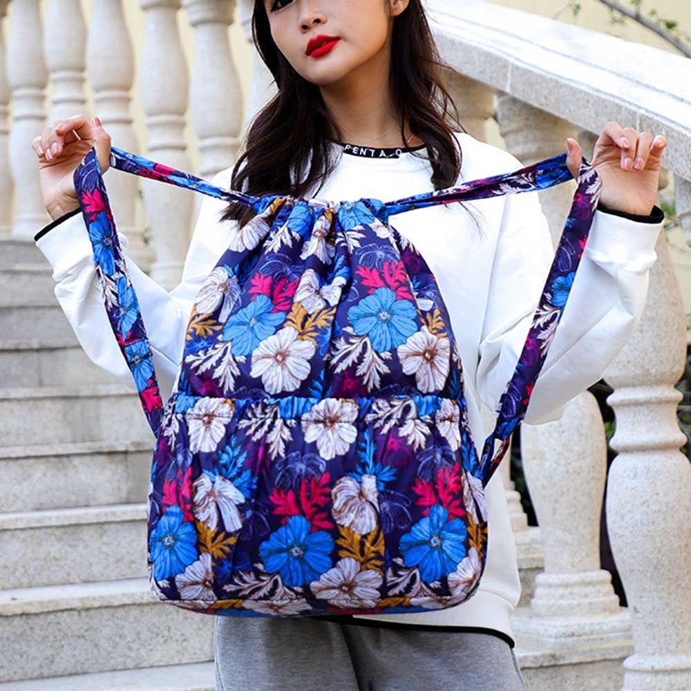 Floral Printed Drawstring Bag Polyester Large Capacity Portable Shopping Bag Lightweight Waterproof Travel Bag Teenage Girls