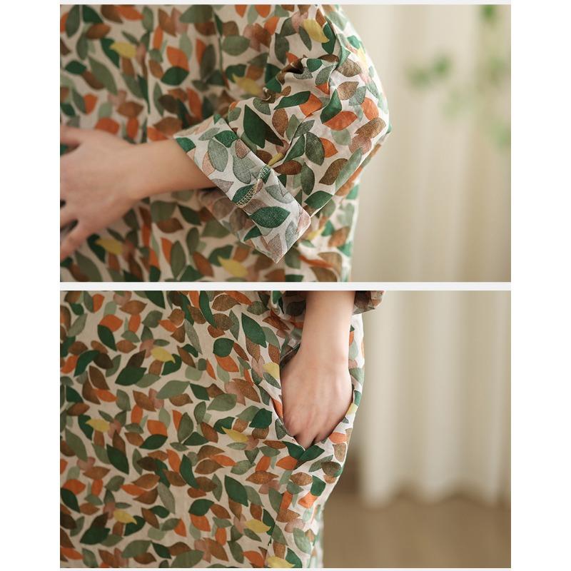 DIMANAF 2025 Women Plus Size Spring Summer Dress Basic Long Dress Leaf Printing Vintage Loose Long Sleeve