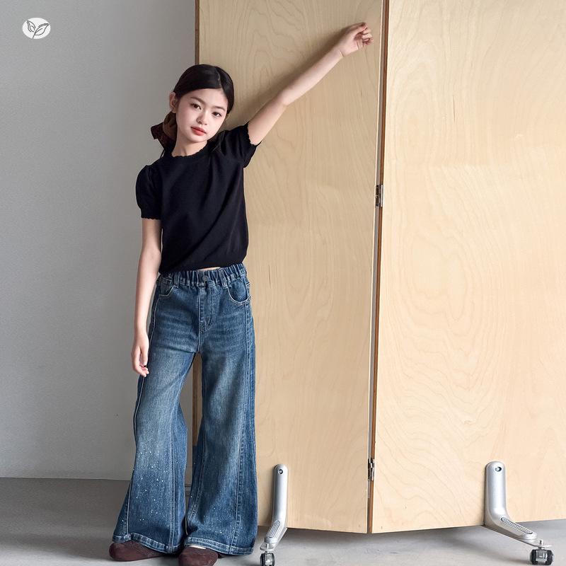 Girls' Silver Micro-Flare Pants - Autumn 2026 New Arrivals, Loose Bell Bottom Jeans for Kids