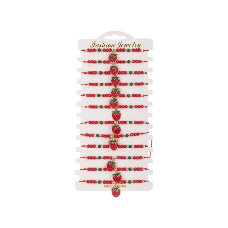 

12PCS Braided Crystal Bead Bracelet Strawberry Red Charm Wrist Bangles for Women Layering Wristwear Jewelry 1
