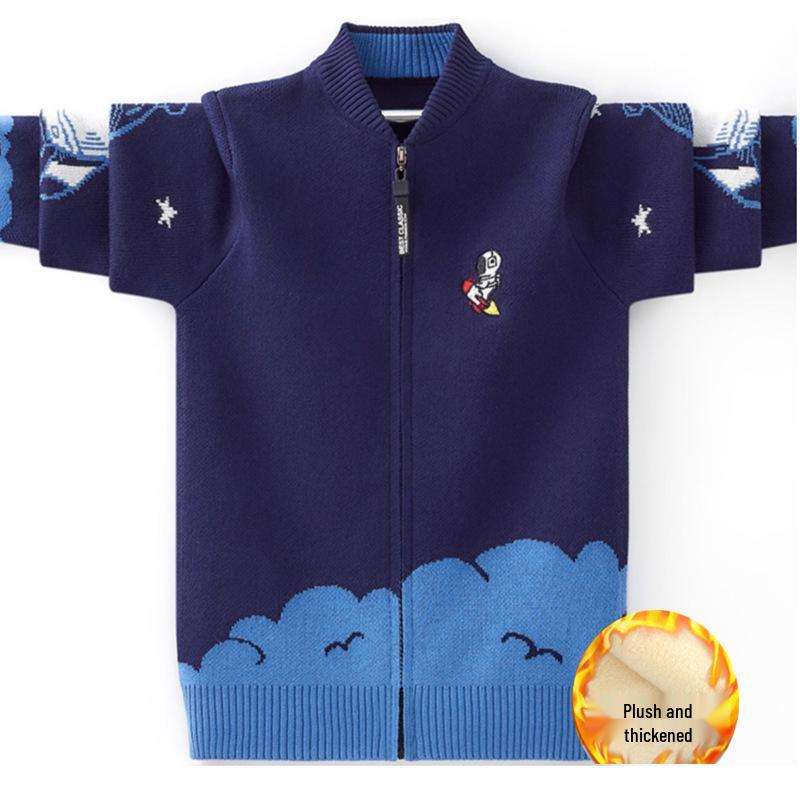 Boys' & Girls' Zip-Up Baseball Jacket, Fleece-Lined Knitted Cardigan for Kids, Spring/Autumn Style