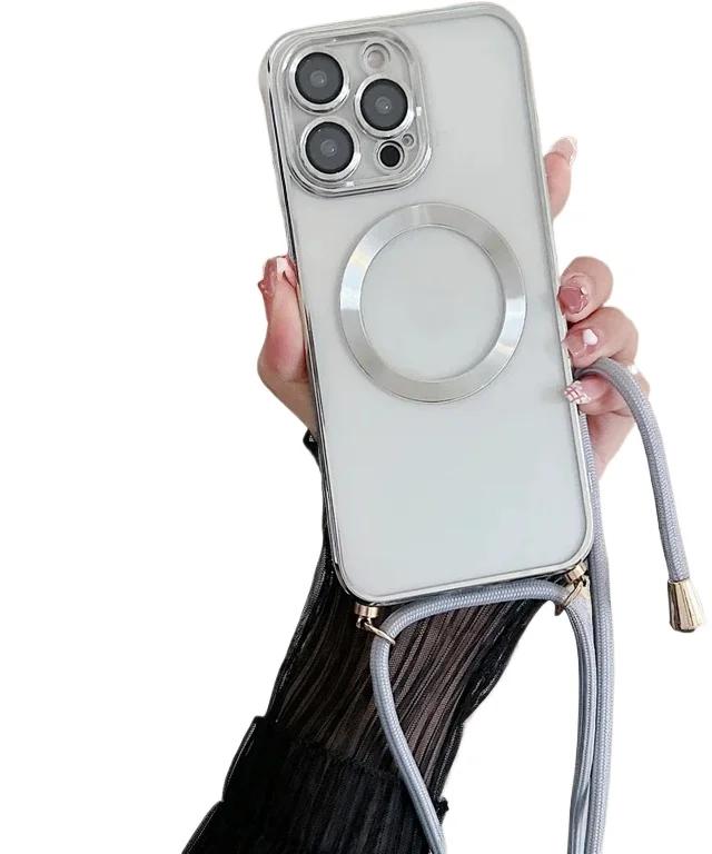 Electroplated transparent magnetic Magsafe wireless charging case suitable for iPhone 16 15 14 12 13 Pro Max  neckla case