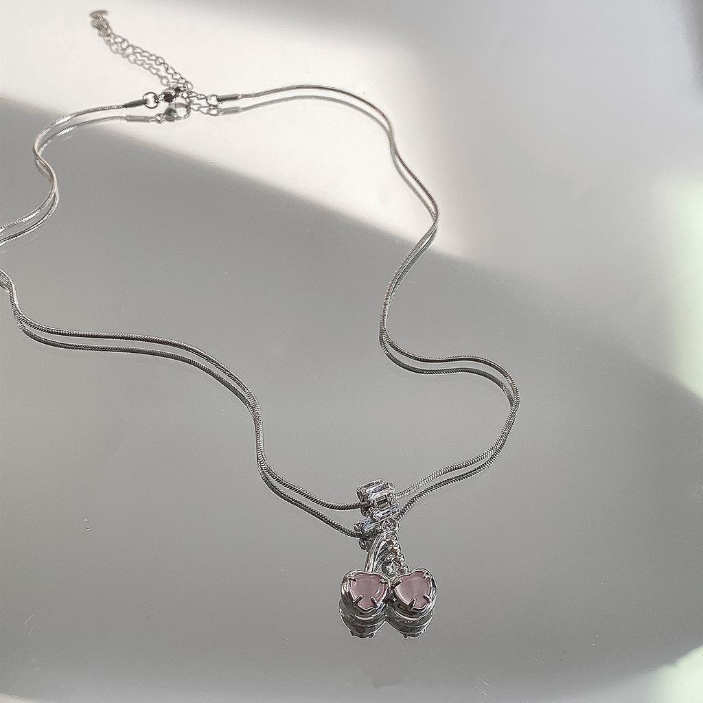 Pink Cherry Snake Bone Necklace Female Sweet and Cute Sweater Chain Light Luxury Premium Niche Design Neck Chain