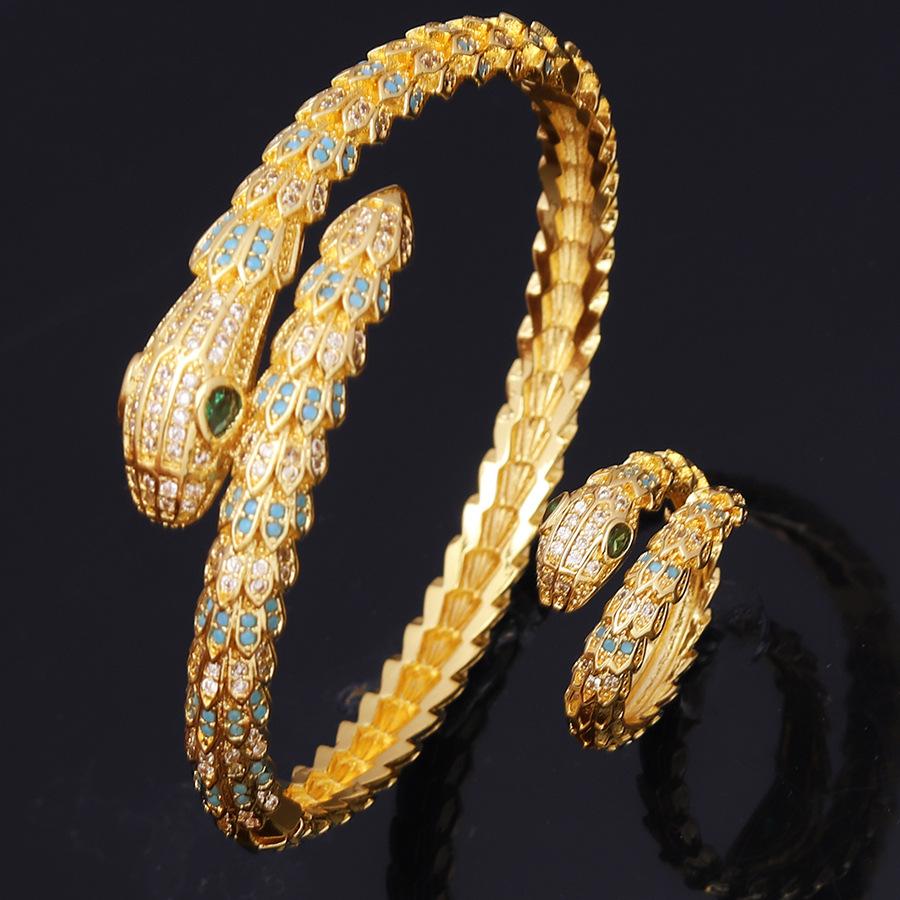 Dubai Bangles Ring Set For Women Indian Africa Lady Jewelry Ethiopian Gold Color Snake Cuff Bangles Wedding Bride Jewelry Gift
