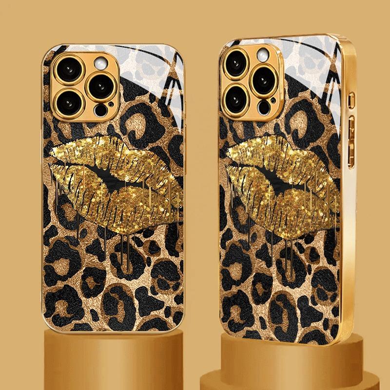 Gold Lip Leopard Print Gold Metallic Paint Glass Phone Case For iPhone 11 12 13 14 15 16 17 Pro Max 15 14 Plus 17 Air 16E Cover