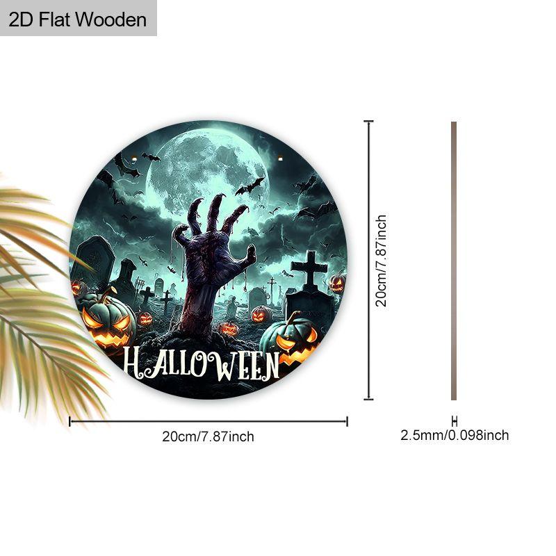 Halloween Zombie Hand Graveyard Round Wooden Hanging Sign, 2D Flat Printed Front Door Decor, Full Moon Bat Pumpkin Wall Ornament Gift
