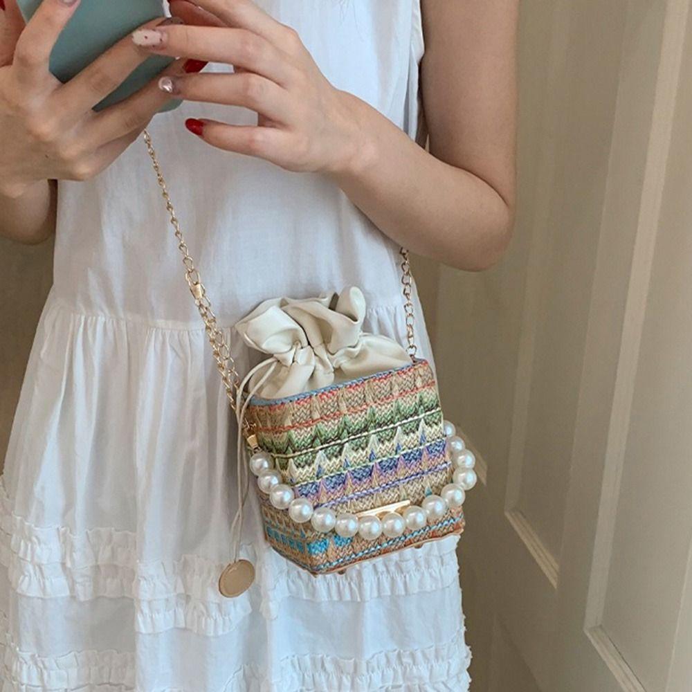 Elegant Straw Shoulder Bag Bohemian Women's Crossbody Bag Chain Messenger Box Bag  Vacation