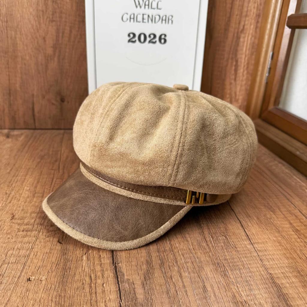 French Vintage Suede Splicing Leather Brim Newsboy Octagonal Ladies Brimmed Beret Internet celebrity Fall/Winter