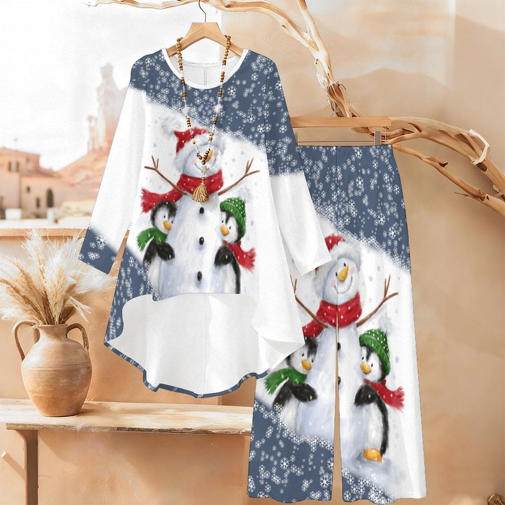 Christmas Print Two Piece Outfit Women Long Sleeve Irregular Hem Tunic Top Wide Leg Pants Casual Matching Set