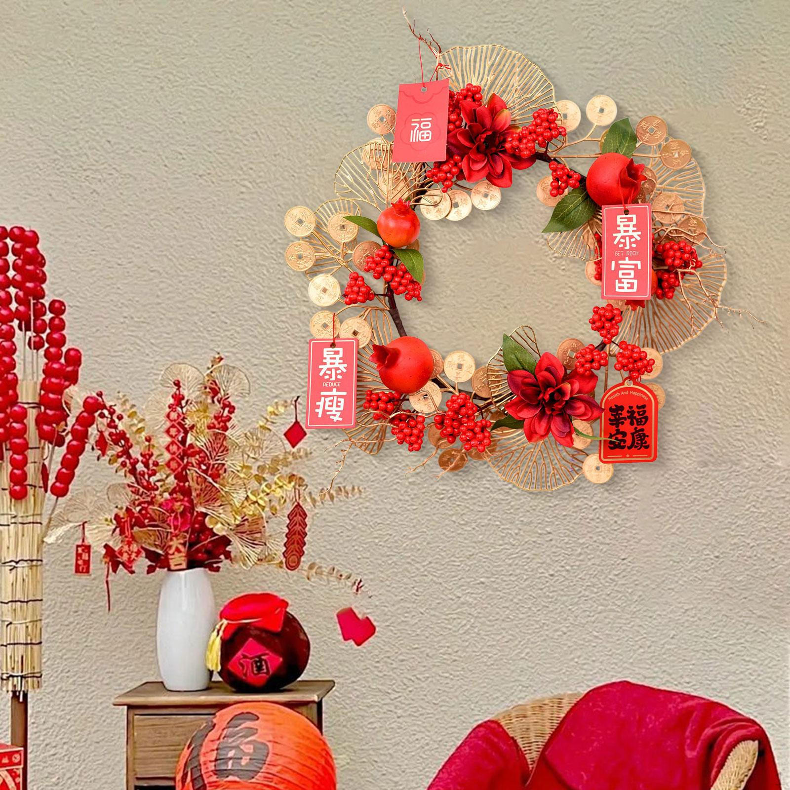 

Chinese Year Wreath Lunar for Front Door Decor Artificial Floral Pomegranate