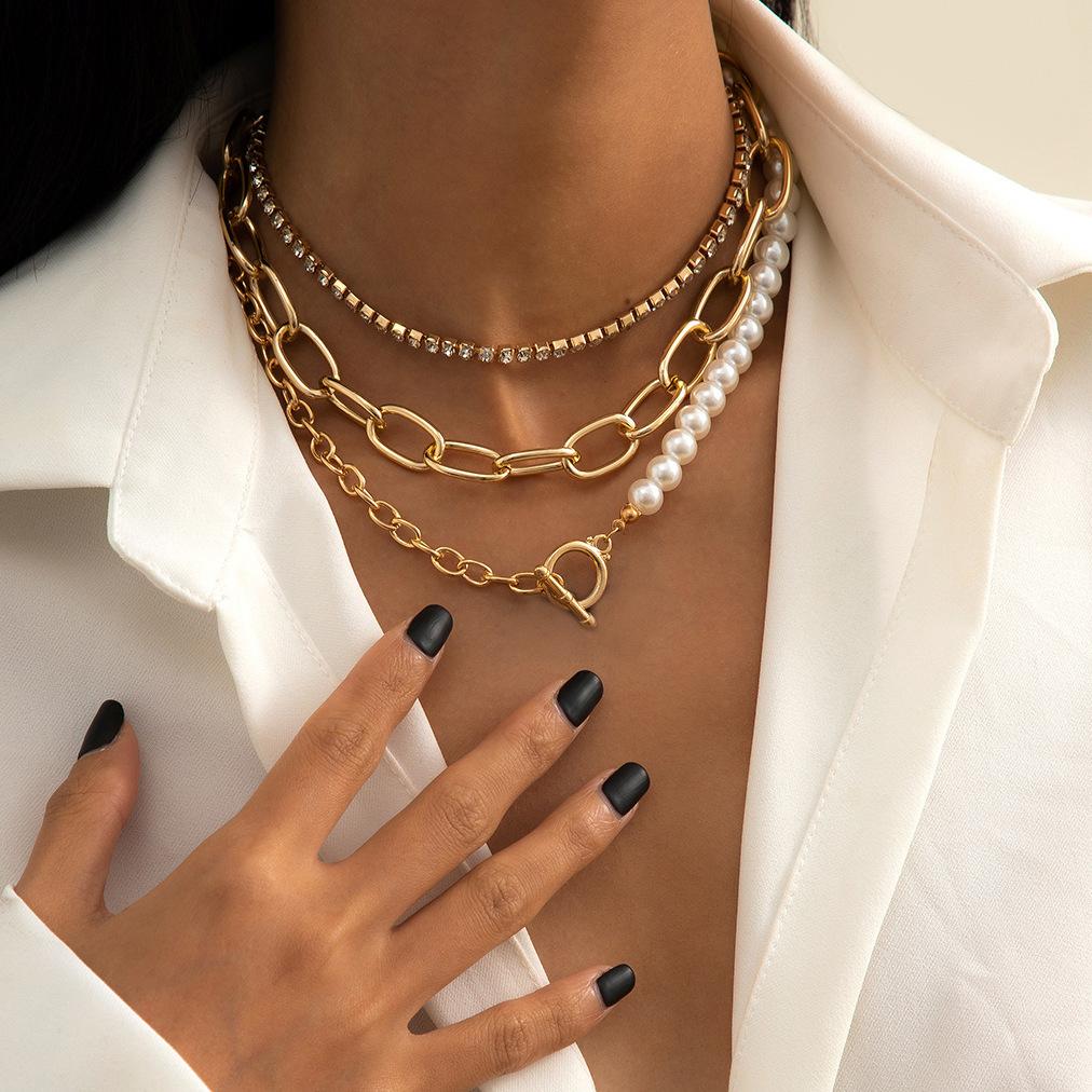 Simple and Fashionable Temperament Round Bead Chain Necklace, Retro Baroque Imitation Pearl Geometric Necklace