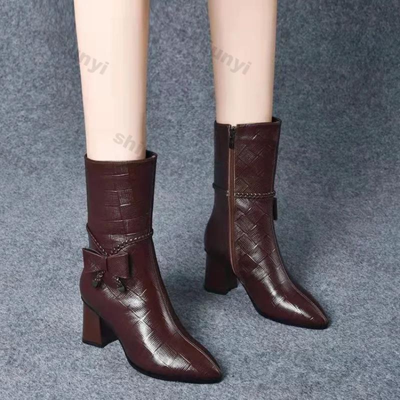 Mujer Tacones Altos Botines de Nieve Otoño Invierno Puntiagudos Cremallera Lateral Zapatos Gruesos Tendencia Lazos Media Pantorrilla Chelsea Bombas Botas