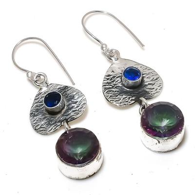 Natural Mystic Rainbow Topaz, Blue Topaz 925 Sterling Silver Earring 2.17" B9u58
