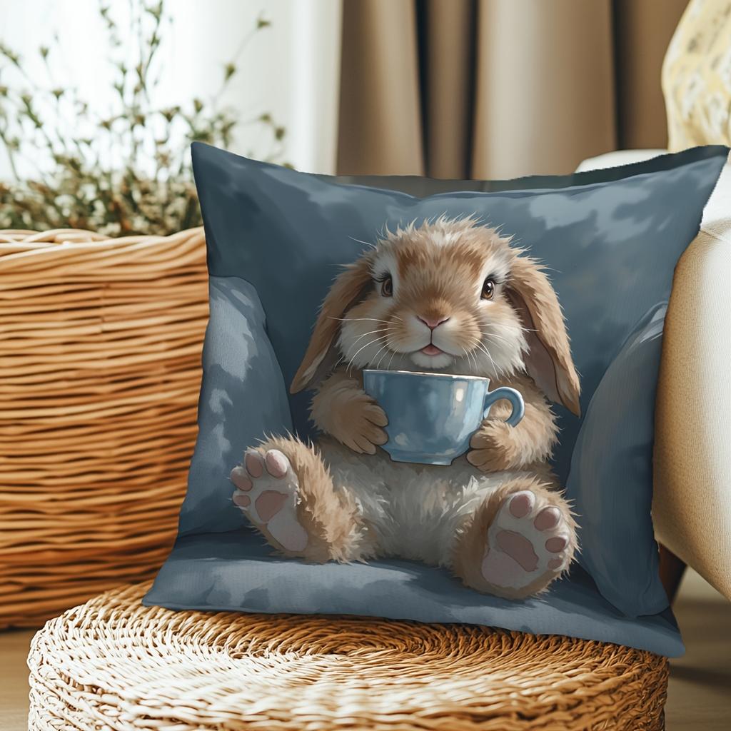 Cute Rabbit with Teacup Pillowcase Cartoon Animal Cushion Cover Cozy Home Decor for Bedroom Soft Throw Pillow for Living