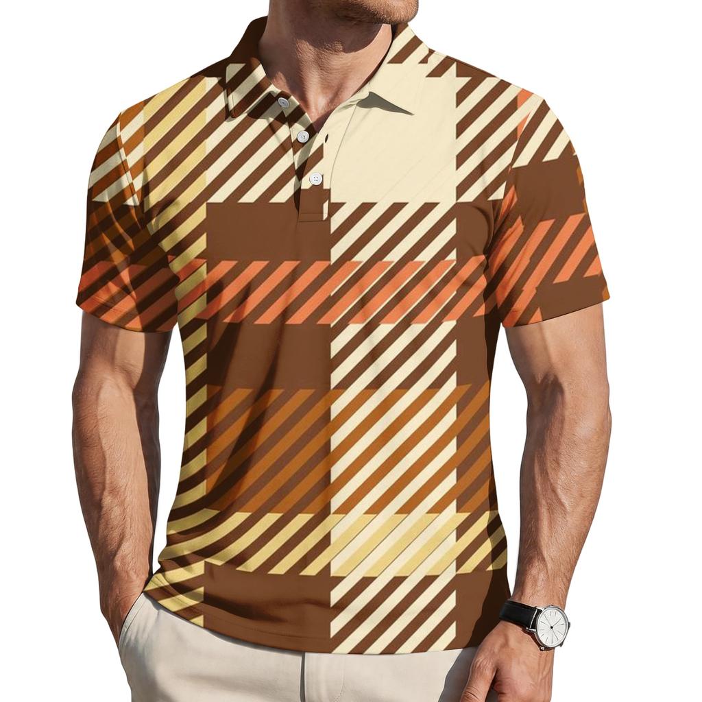 Men’s Loose Fit Casual Plaid Print Short Sleeve Polo Shirt with Turn Down Collar for Everyday Wear