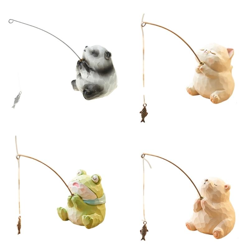 Wood Texture Amimal Fishing Figurine Resins Figure Toy Computer Monitors Decors Car Central Screen Decoration Ornament