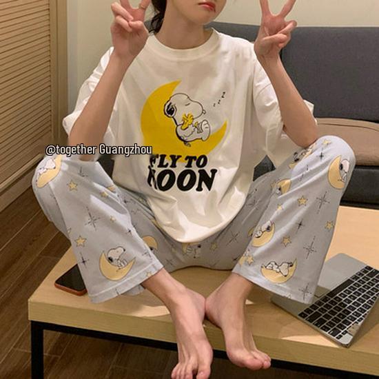 Damen Sommer Cartoon Pyjama Set - Rundhals, Kurzarm, Leichte Hose für Frühling & Herbst