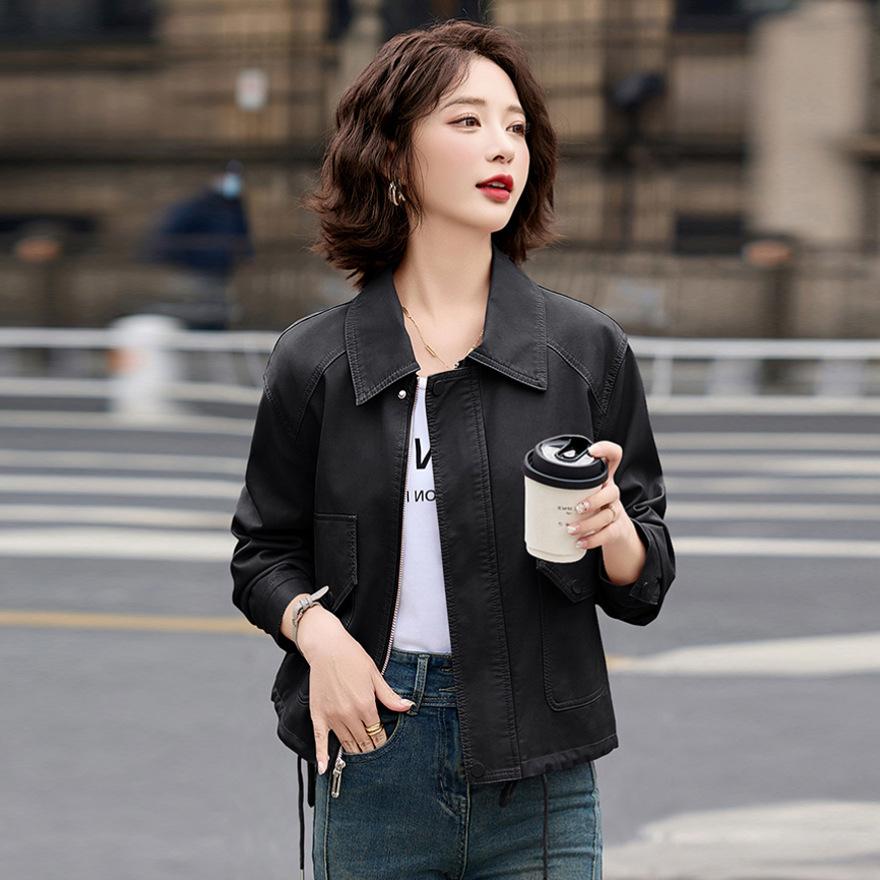 Vintage Leather Jacket Women's Spring and Autumn New Loose Black Short Jacket Motorcycle Top