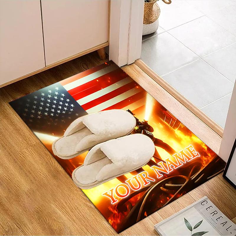 1PC Custom Name Firefighters Courage Flames Theme Floor Mat Ideal for Living Room, Game Rooms, Office, Bedroom,Floor Mat Playful Design