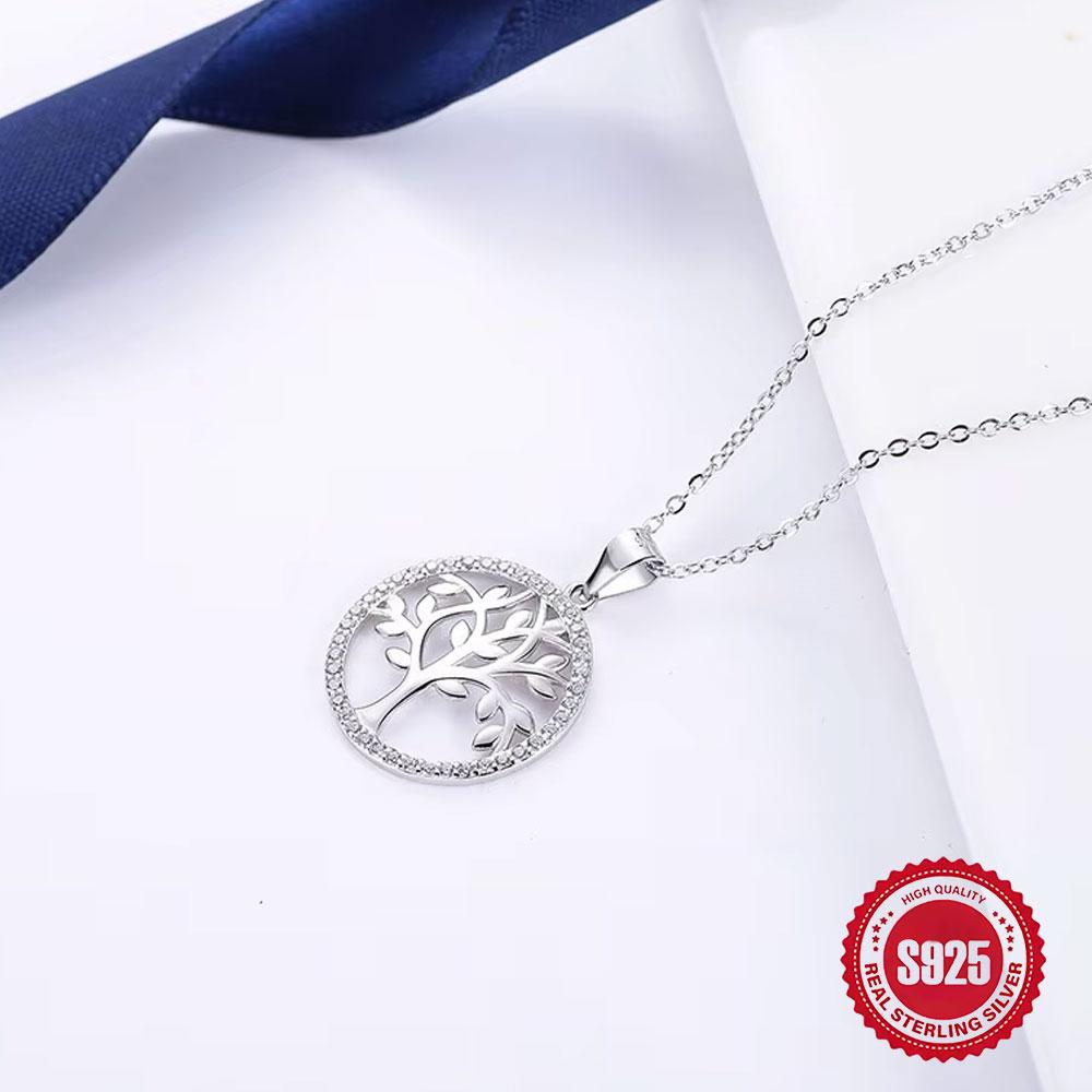 Tree of Life Pendant Necklace S Sterling Silver CZ Diamond Gift for Women Hypoallergenic Chain Adjustable Length