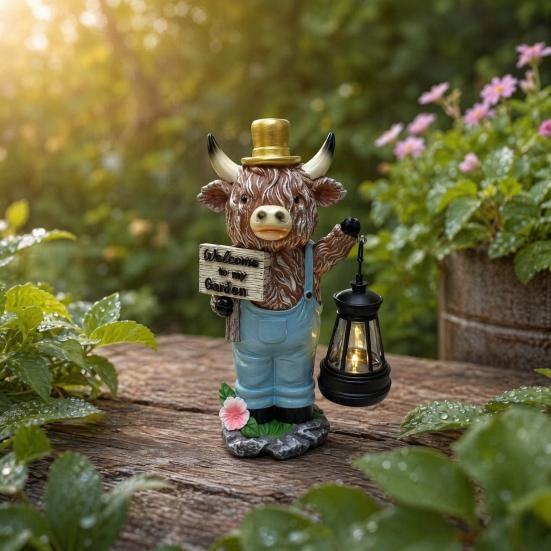 Statua da Giardino Mucca delle Highlands Solare, Statuetta Animale in Resina con Lanterna Solare, Ornamento Mucca Impermeabile da Esterno per Prato, Patio, Decorazioni da Giardino