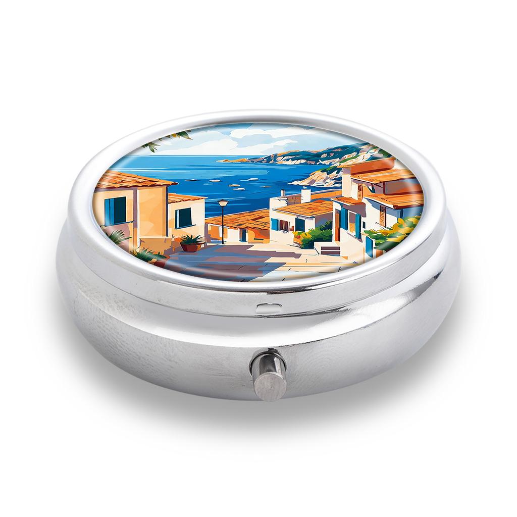 Portapillole Portatile con 3 Scomparti, Mini Custodia Organizer in Metallo per Medicine, Carino Contenitore Stampato per Vitamine, Pillole, Gioielli, Viaggio, Uso Quotidiano