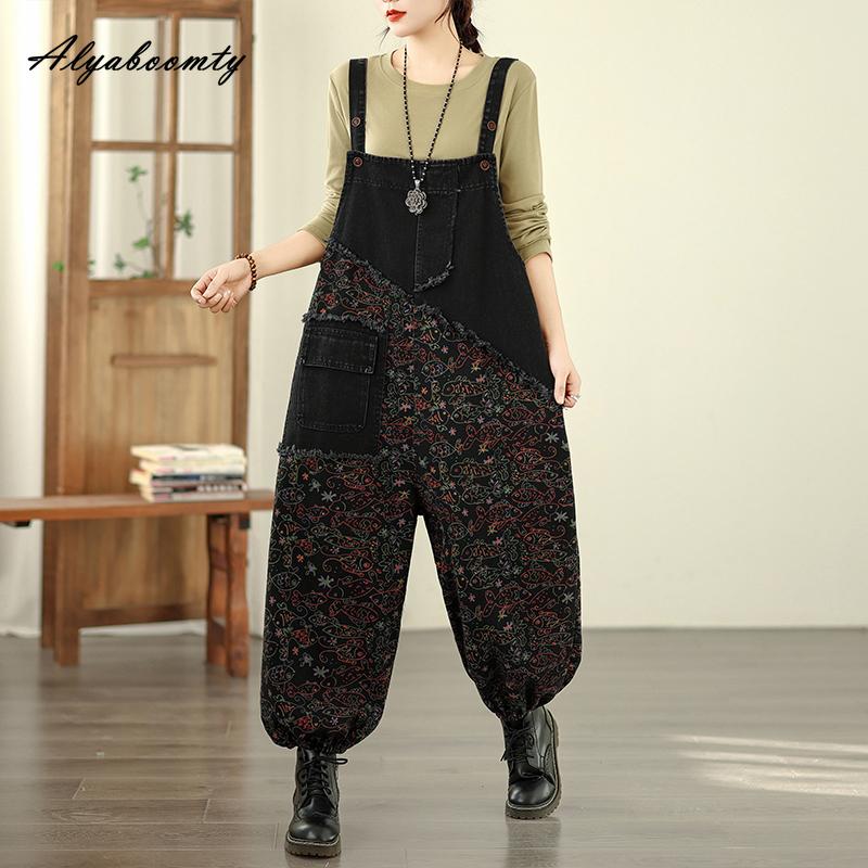 

Large Size Spring Autumn Women Denim Overalls Straps Oversized Print Wide Leg Jeans Retro Basic Stylish Casual Loose Romper one size