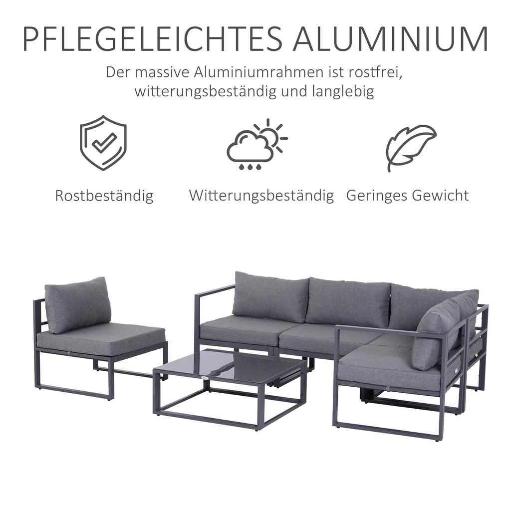 6-Piece Garden Furniture Set, Garden Set, Garden Sofa Set, Seating Group, Garden Furniture Aluminum + Polyester + Tempered Glass Grey, 4 X Armchair