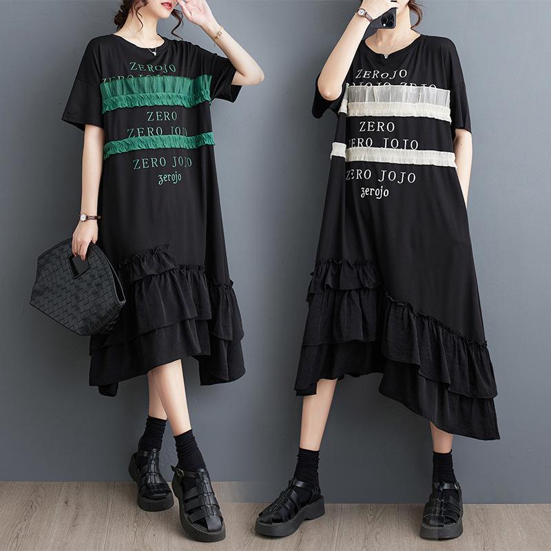 Spring and Summer Plus Size Women's T-shirt Dress Casual Wooden Ear Side Splicing Letter Printed Dresses