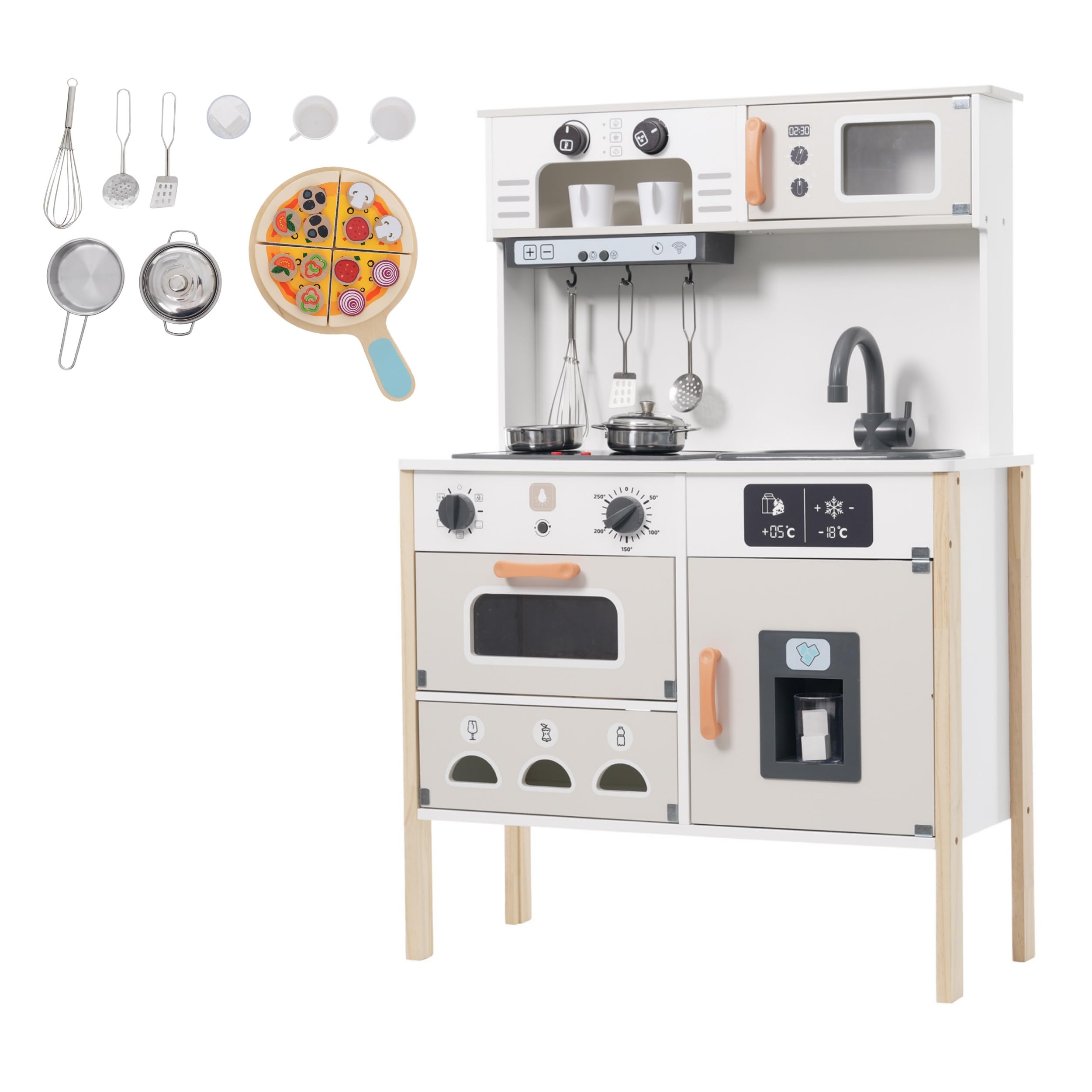 OSJ Play Kitchen Set with Realistic Pizza, Whisk, Wooden Coffee Maker, Cooking Utensils, Stove, Refrigerator, Ice Maker, Microwave - Educational Toy