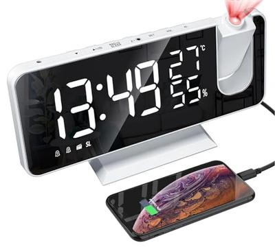 TeamSky Digitaluhr, Multifunktions-Wecker mit LED-Schlummerfunktion, Radiowecker, Wand-/Deckenprojektion, Spiegel, Temperatur/Luftfeuchtigkeit, UKW-Radio, Wecker