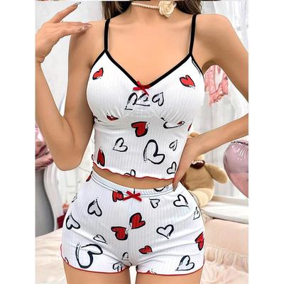 Heart Print Color Block Camisole Two-Piece Pajama Set for Women