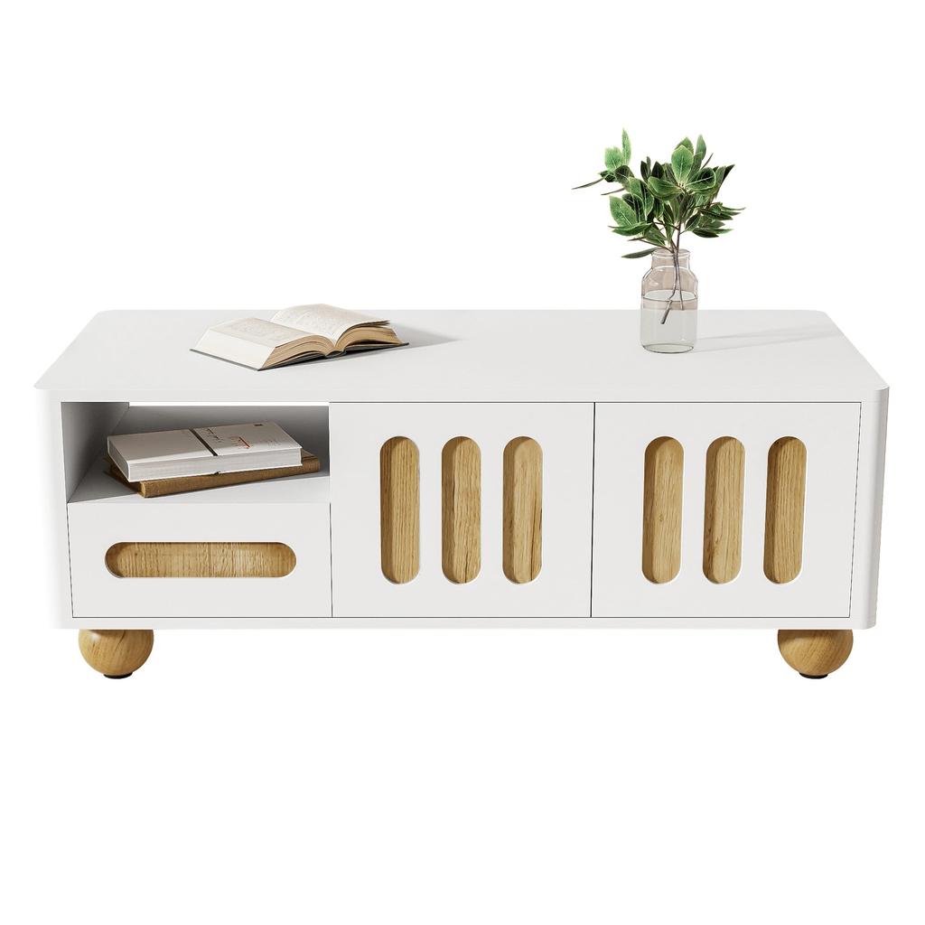 Couchtisch, Wohnzimmertisch mit 2 Schubladen und 4 Türen, offenem Fach mit LED-Beleuchtung, abgerundeten Ecken, kugelförmigen Beinen