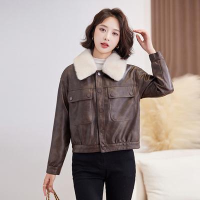 Fashion Fleece Thickened Leather Jacket Women's Winter New Retro Locomotive Leather Jacket Short Top