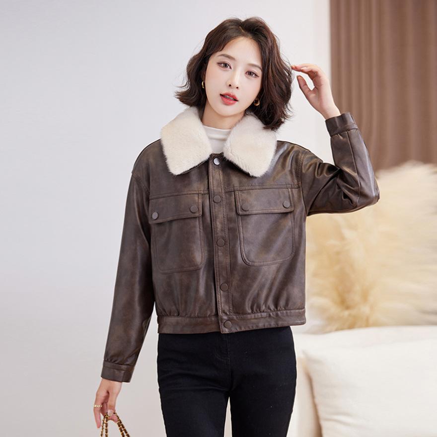 Fashion fleece thickened leather jacket women's winter new retro locomotive leather jacket short top